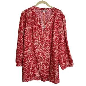 Knox Rose Womens Blouse XL Pink Cream Floral Print 3/4 Sleeve Boho Top Cottage